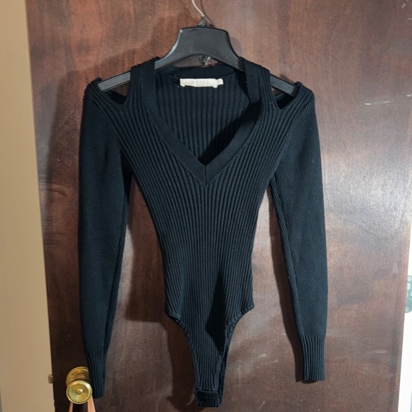 Astr Tops - Astr Black Ribbed Knit Cold Shoulder Bodysuit